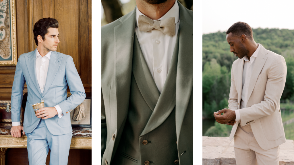 Triptyque avec des photos de costumes clairs pour le mariage d'un proche.