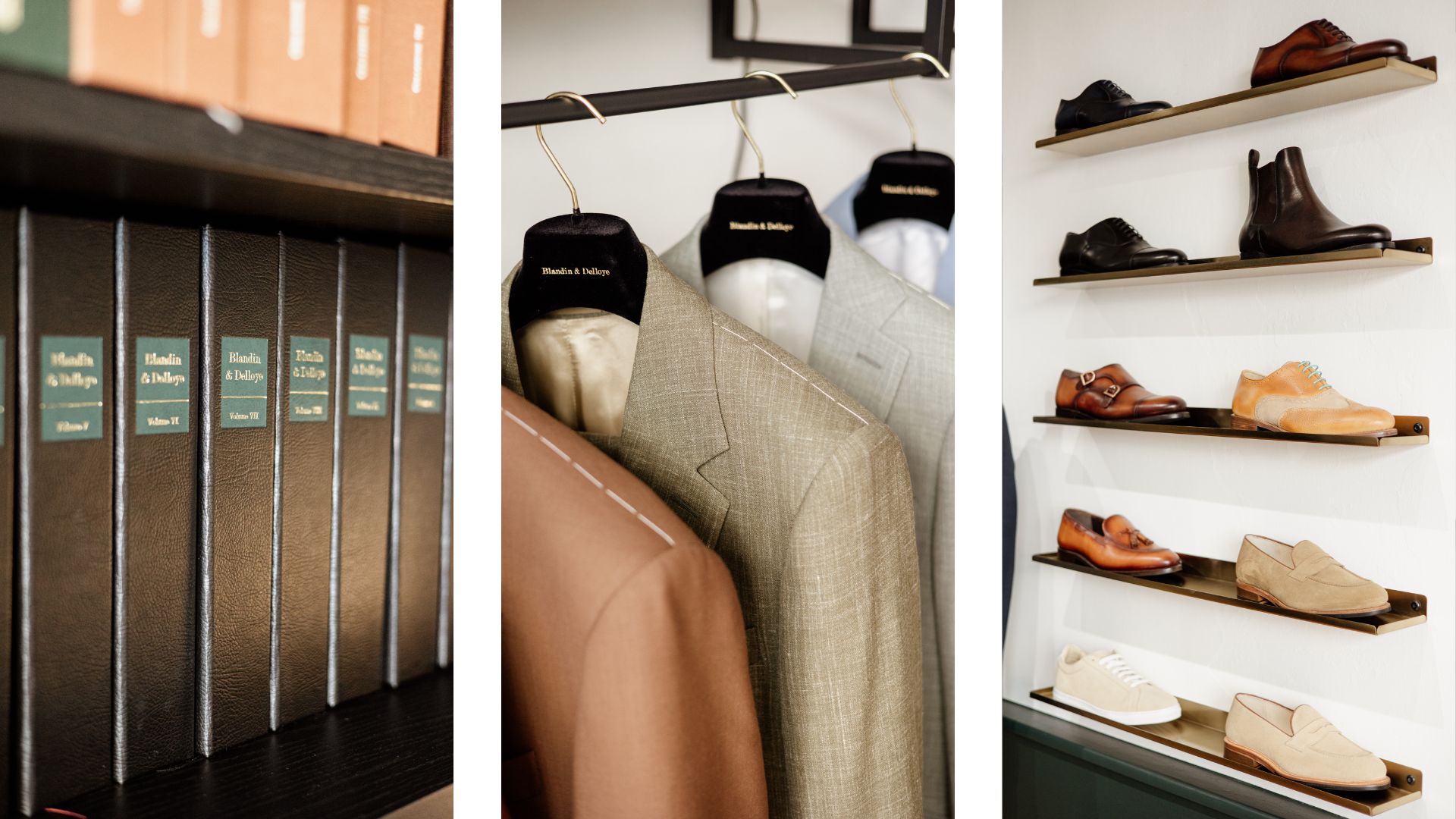 Images descriptives de la boutique de costumes sur mesure à La Rochelle de Blandin & Delloye.
